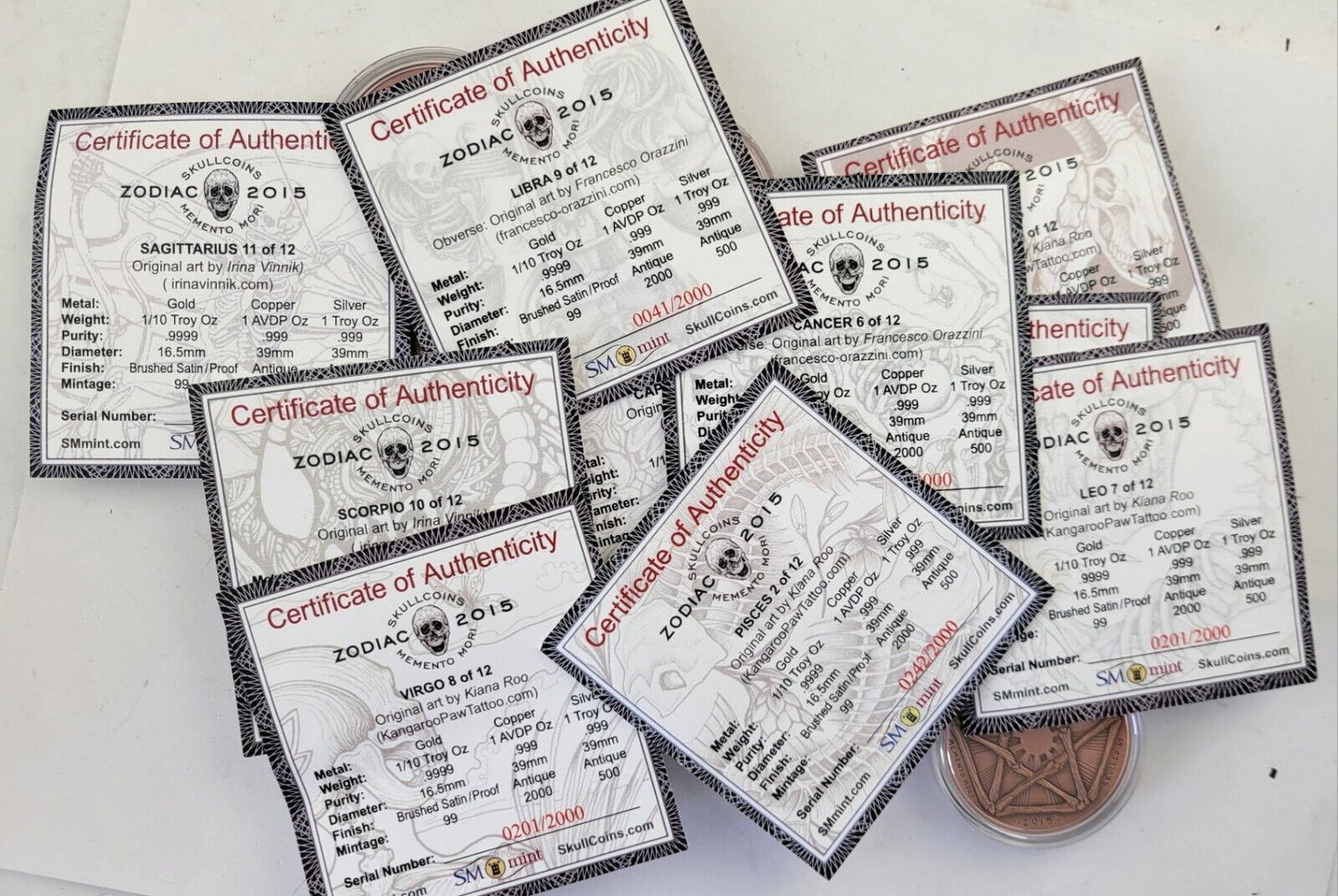 2015 Complete Zodiac .999 Fine Copper Rounds 12pc Skullcoins wCOA Cards Morbid