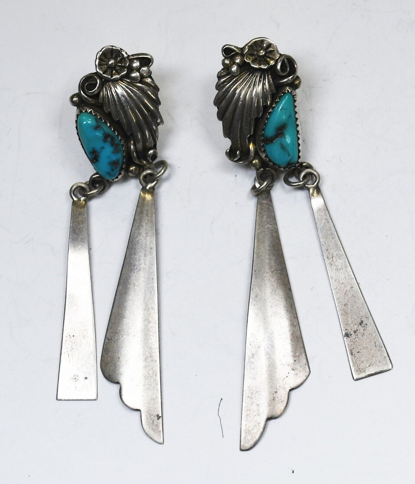 Sterling Vintage Turquoise Chunk Floral Dangle Earrings 2-3/4" x  14mm