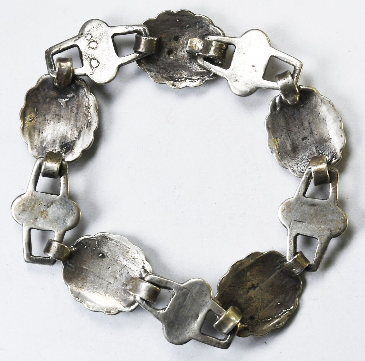 Sterling Antique Sand Cast Concho Etched Flower Bracelet 16mm 7-3/4"