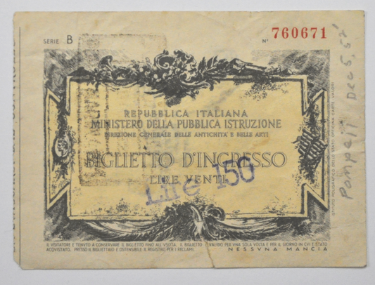 Biglietto D'Ingresso Lire Venti 150 Italy Museum Gallery Ticket Vintage 760671