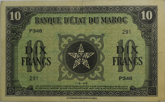 1943 Morocco Banknote 10 Ten Francs