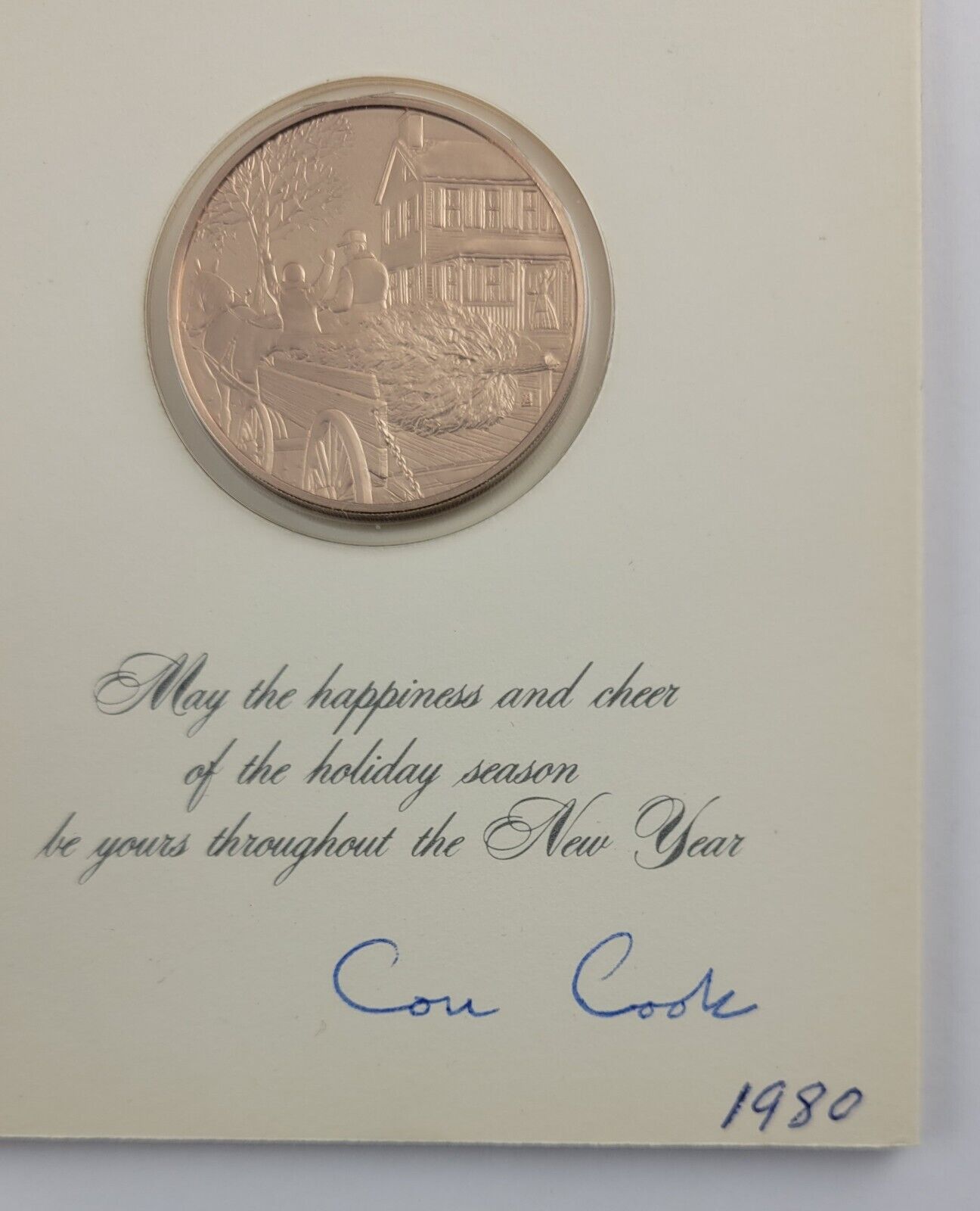 Franklin Mint Bronze Bringing Home The Tree 1980 Christmas Coin w/Holder Card