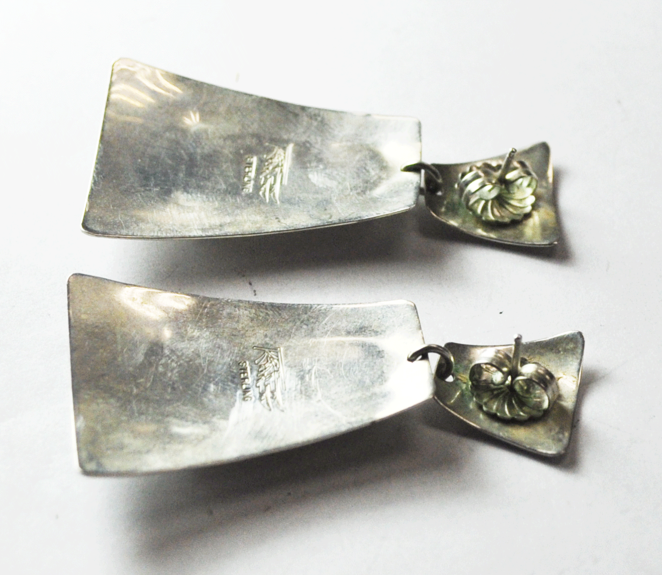 Sterling Feather Signed Turquoise Lapis Onyx Coral Inlay Earrings 2" x 31mm