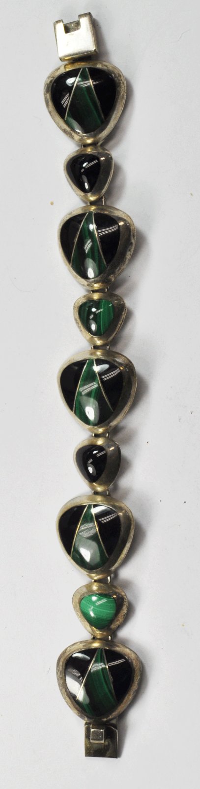 Sterling Mexico CII Malachite Onyx Inlay Link Bracelet 24mm 7-1/2"