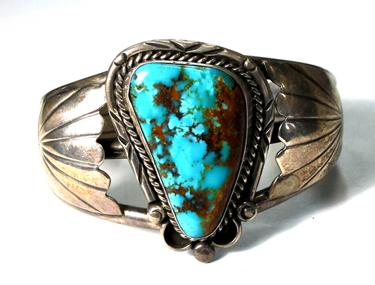 Sterling Turquoise Triangle Feather Hooded 39mm Cuff 3 Bar Bracelet 7" Wrist