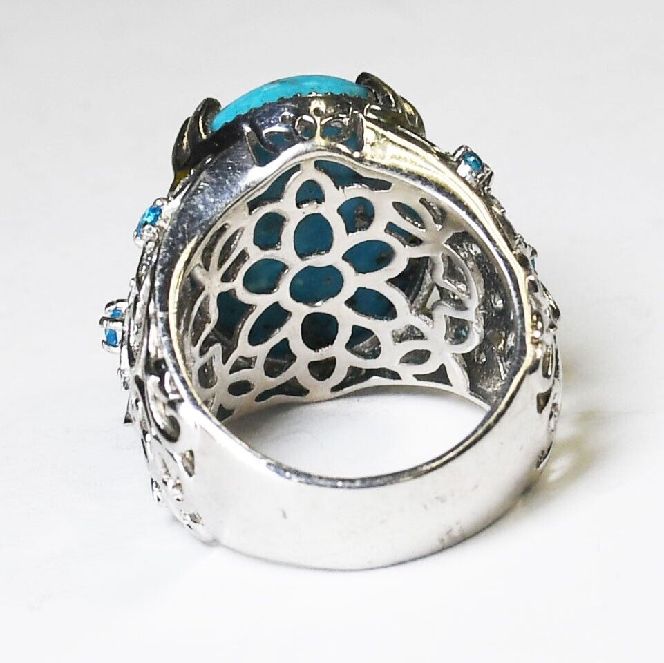 Sterling Silver Blue Turquoise Flower Filigree Ring 21mm Size 7.5