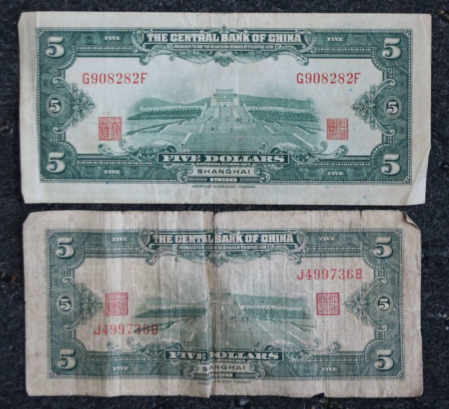2- 1930 Central Bank of China Shainghai 5 Yuan NotesJ499736B G908282F