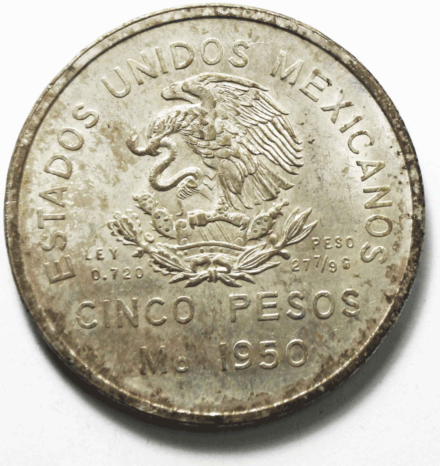 1950 Mexico Silver 10 Pesos Coin KM#466 Uncirculated Southeastern Railroad