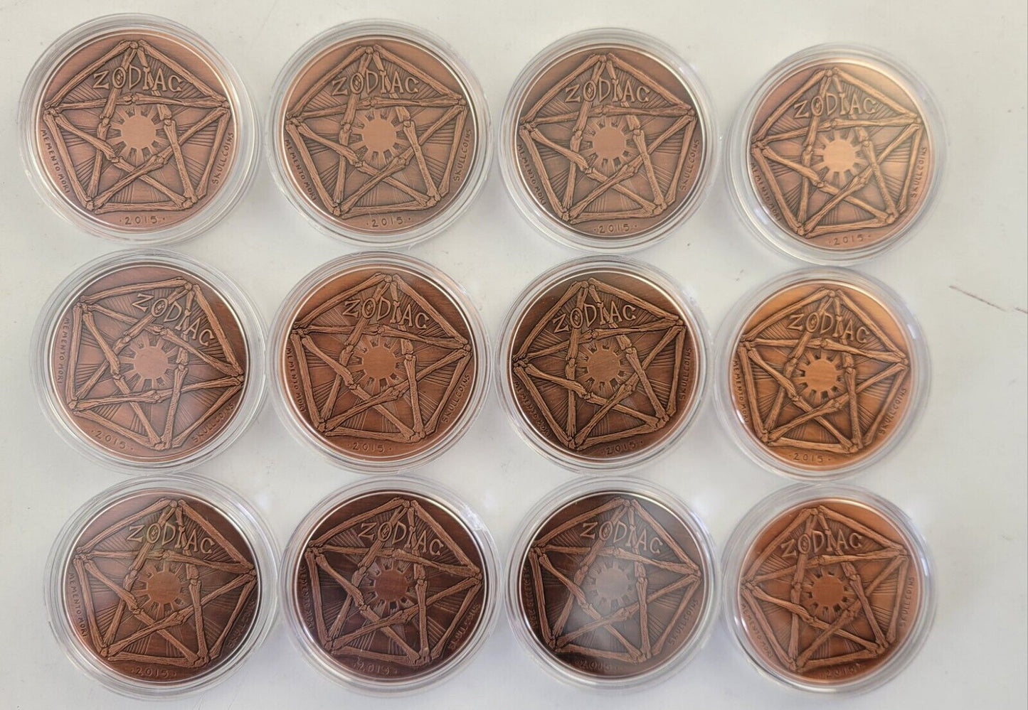 2015 Complete Zodiac .999 Fine Copper Rounds 12pc Skullcoins wCOA Cards Morbid