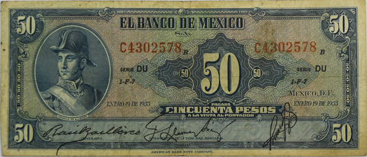 1953 Mexico 50 Fifty Pesos Banknote Currency Note C4302578 DU