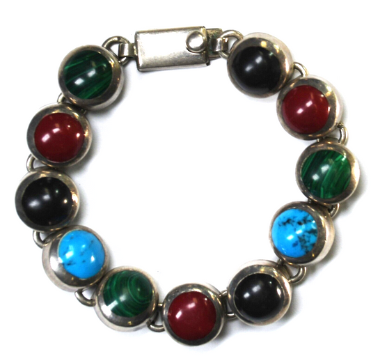 Sterling Silver Mexico Multi Stone Round Link Bracelet 13mm 7.25"