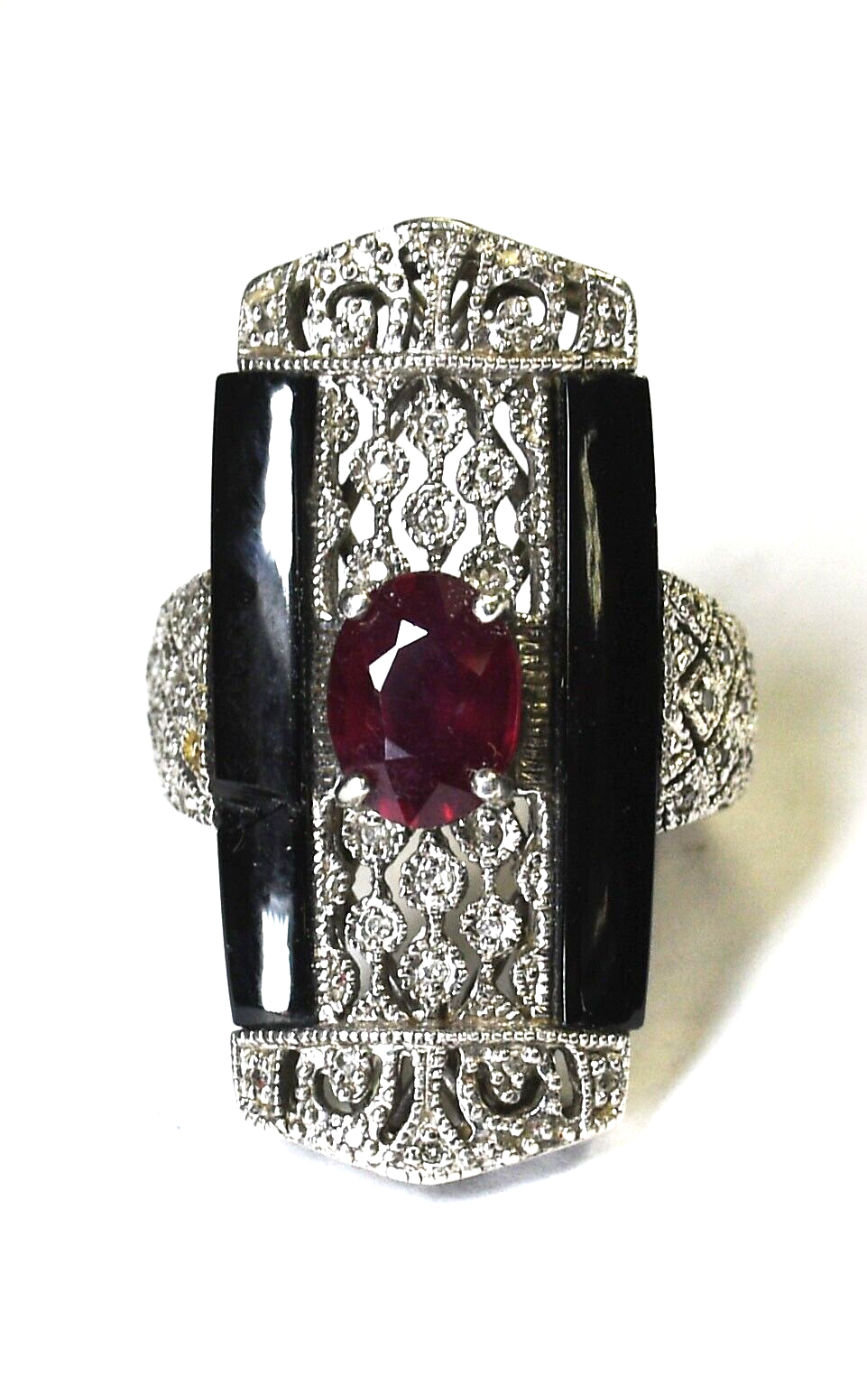 Sterling Silver Onyx CZ Garnet Filigree Ring 30mm Size 6