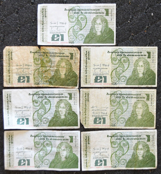 7 Ireland One Pound Banknotes 1977-89 Republic