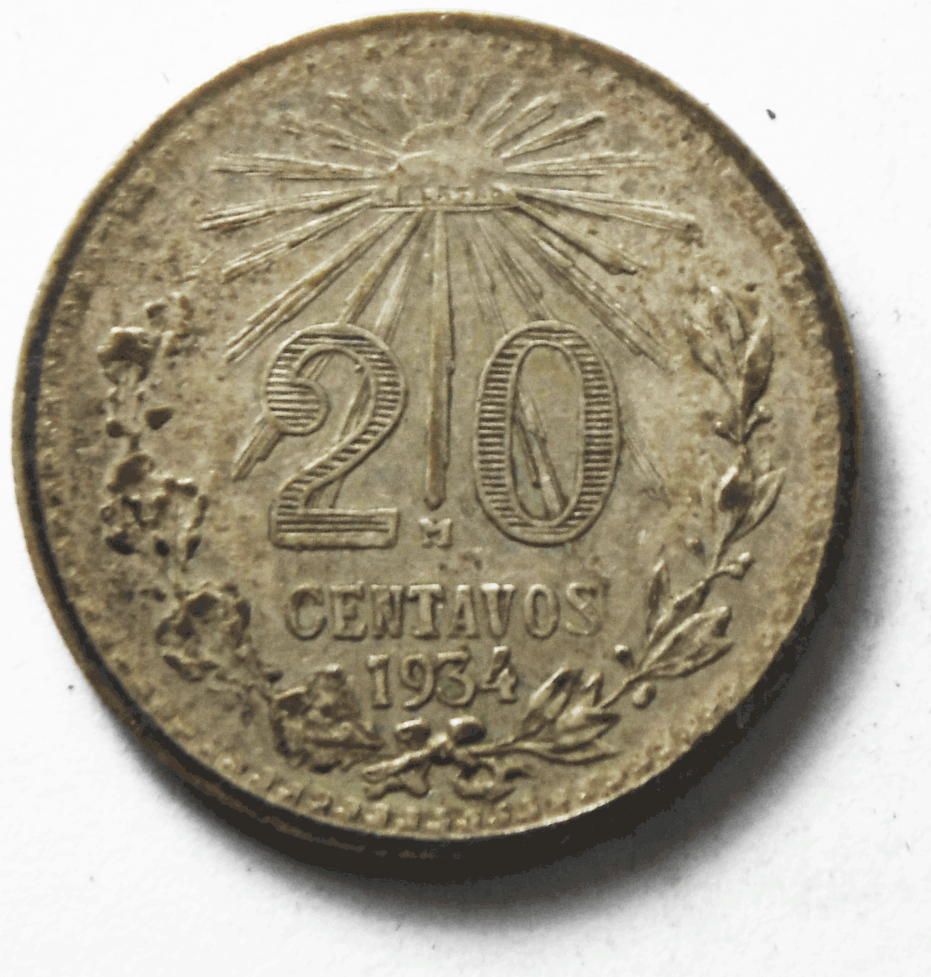 1934 Mexico Estados Unidos Mexicanos 20 Centavo Silver Coin KM# 438