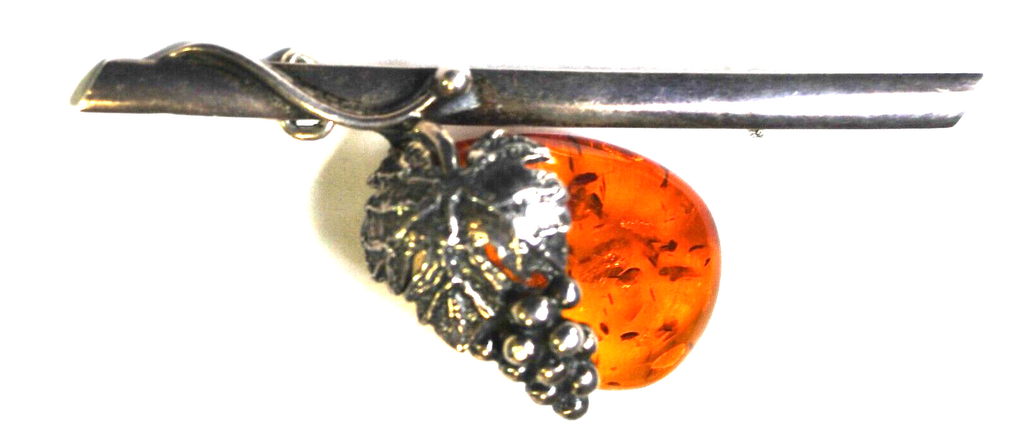 Sterling Silver Grape Vine Amber Brooch Pin 56mm x 22mm