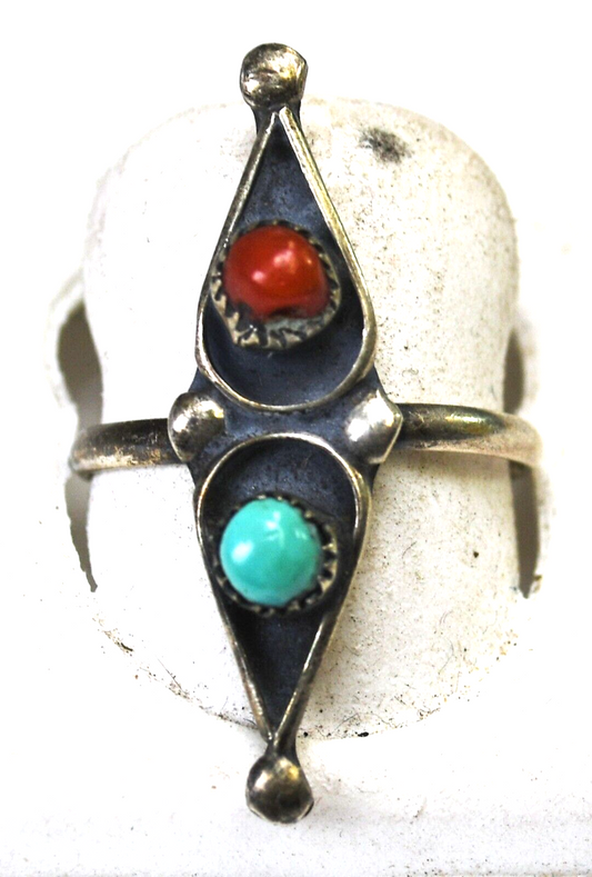 Sterling Silver Vintage Coral Turquoise Dot Teardrop Ring 32mm Size 8.5