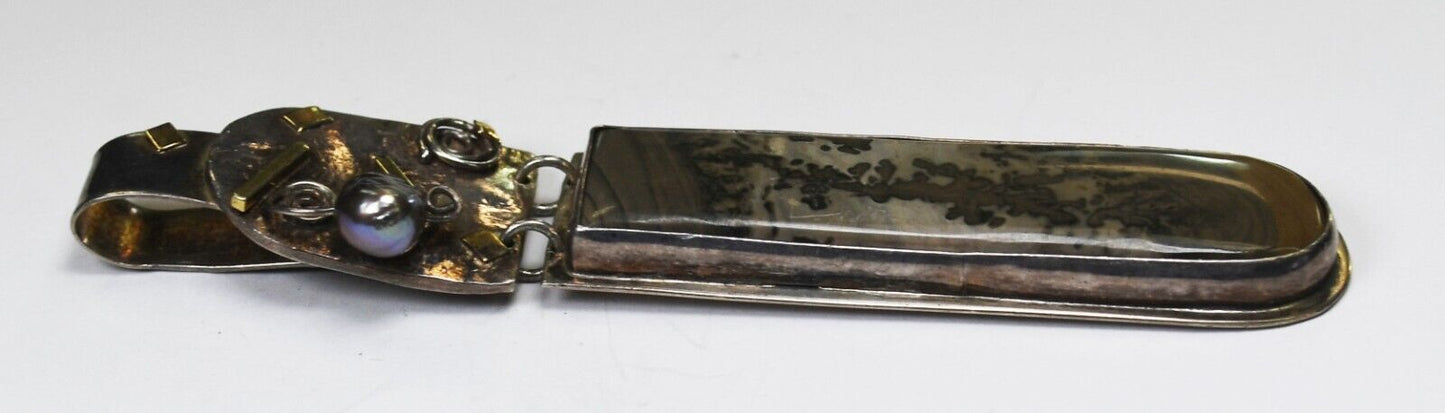 Sterling Signed Modern Ocean Jasper Pearl Pendant 3-5/8" x 17mm