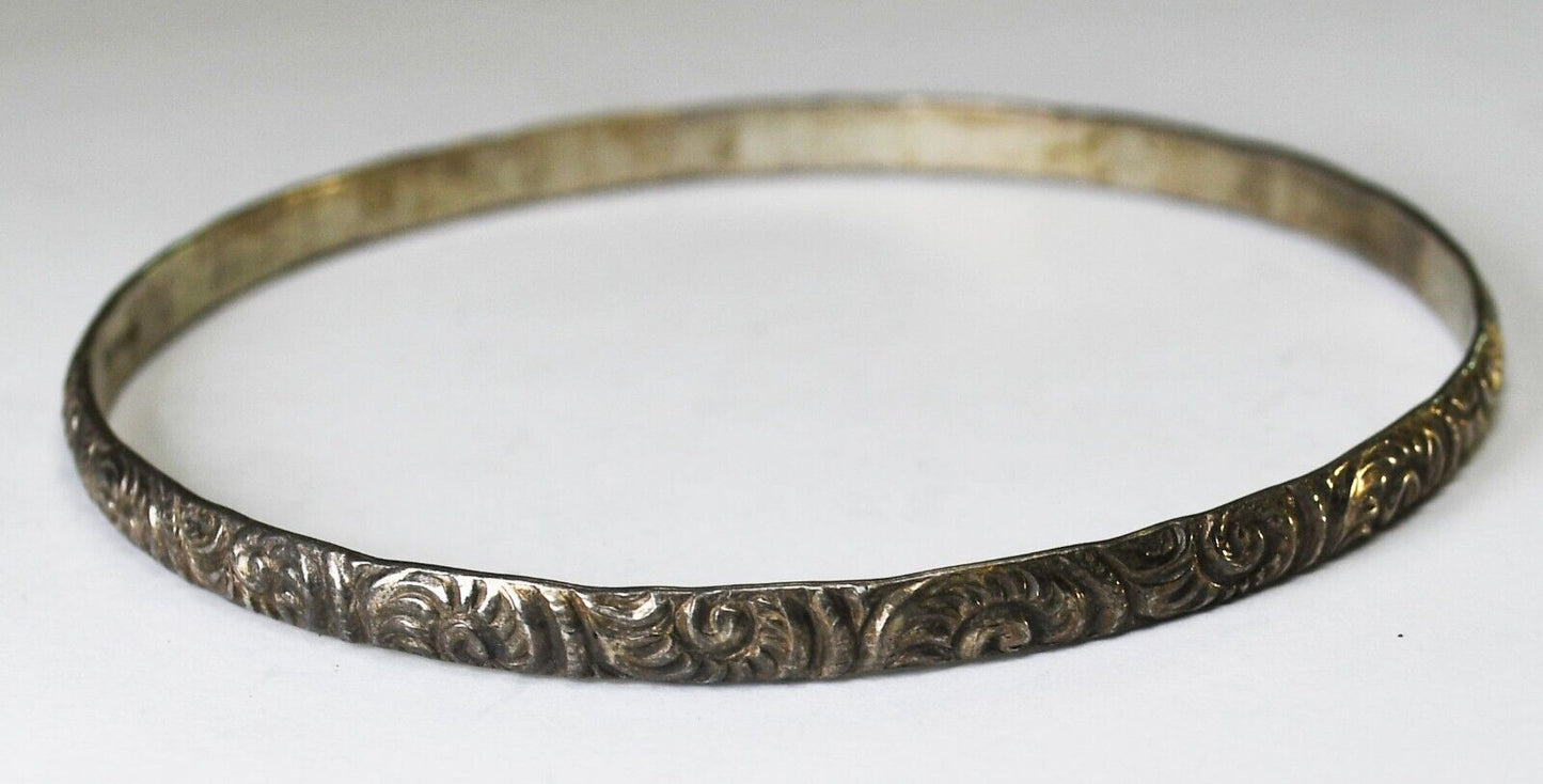 Sterling Silver Stripe Flower Medium Bangle Bracelet 4mm