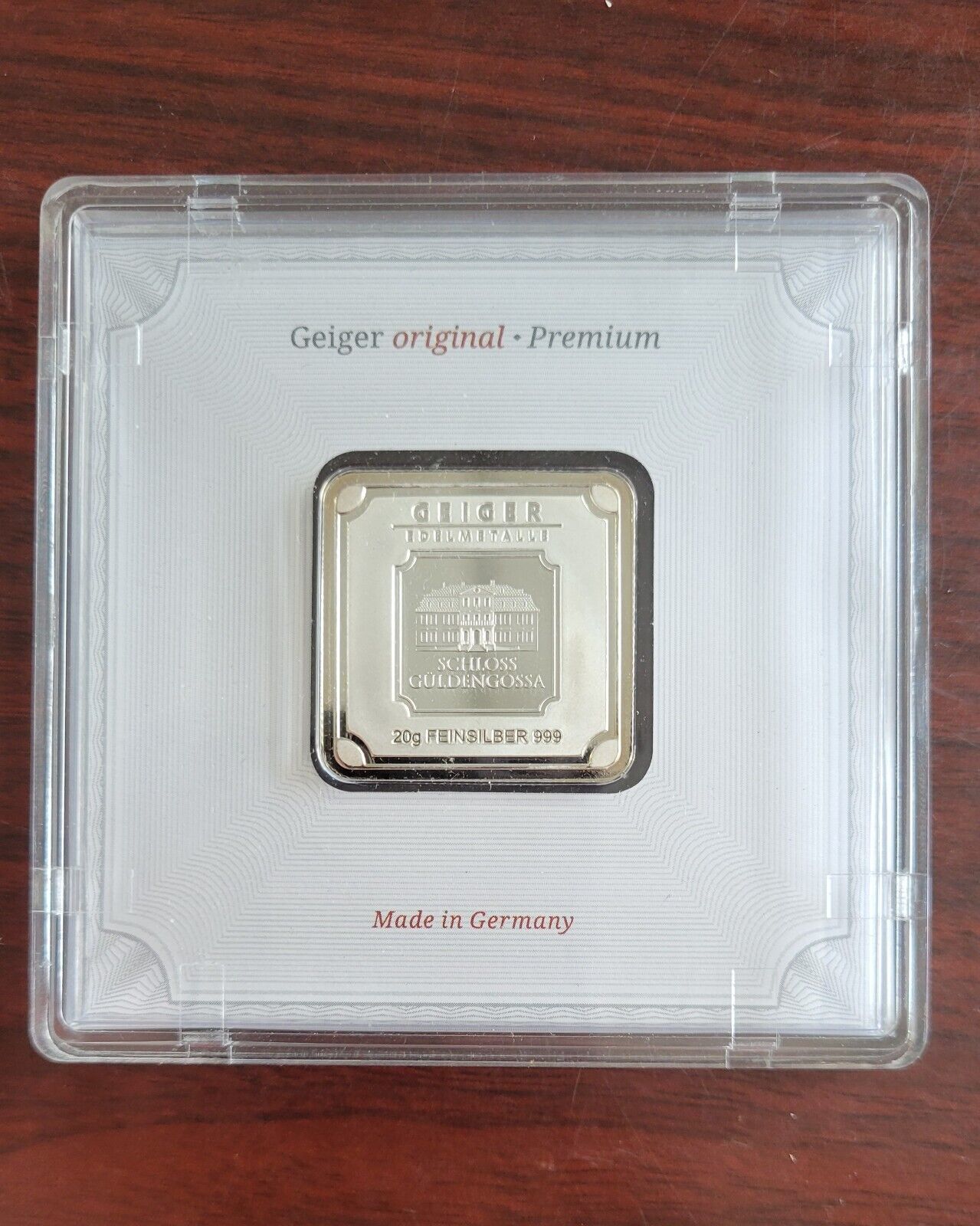 50 gram Silver Bar - Geiger Edelmetalle Original Square Series Germany Encased