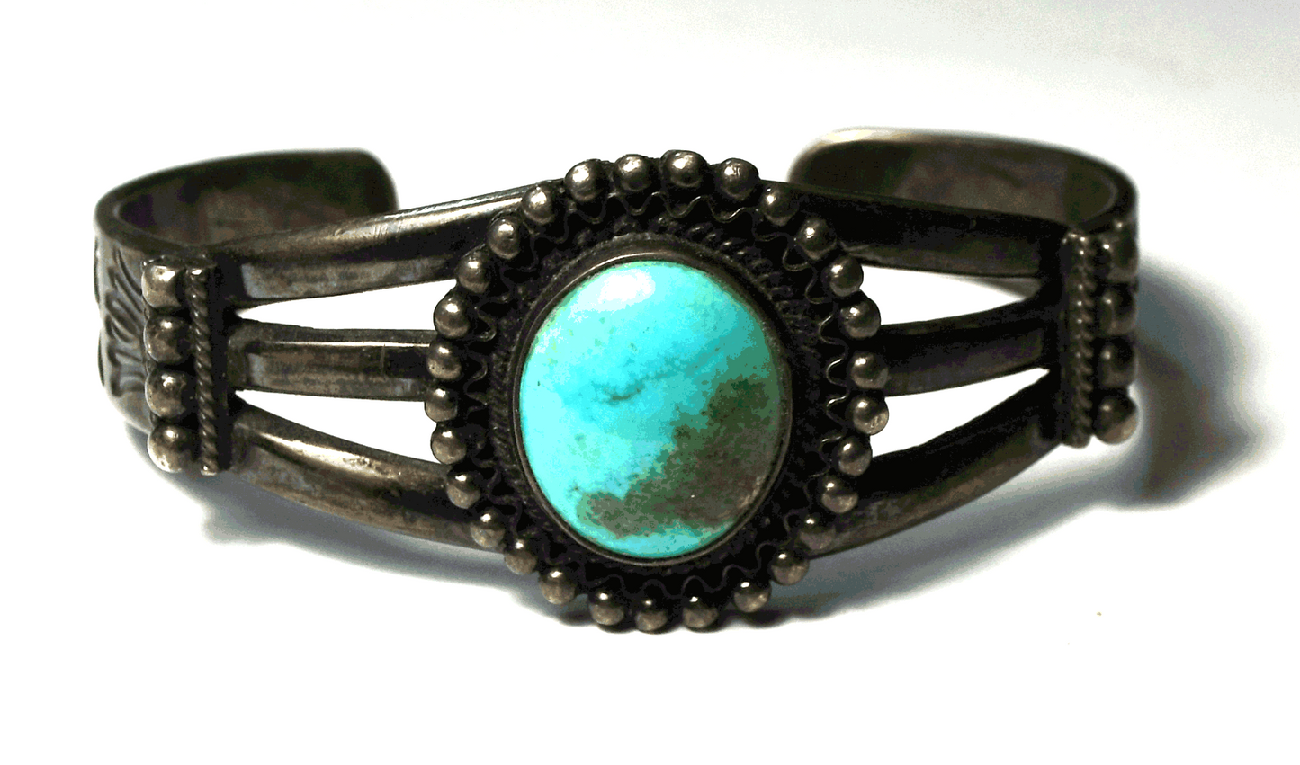 Antique Sterling Turquoise Dot Halo Etched Sides Cuff Bracelet 28mm 6-3/4" Wrist