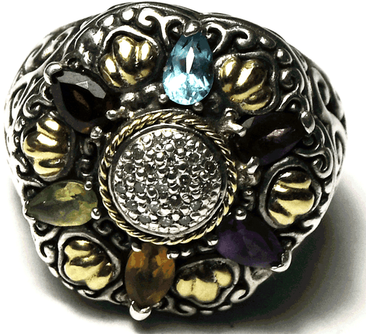 Sterling Silver Samuel Benham 925 18k Multi Stone Ring 19mm Size 7-1/2