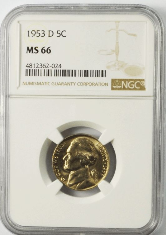 1953 D 5c Jefferson Nickel NGC MS66 BU Denver Five Cents