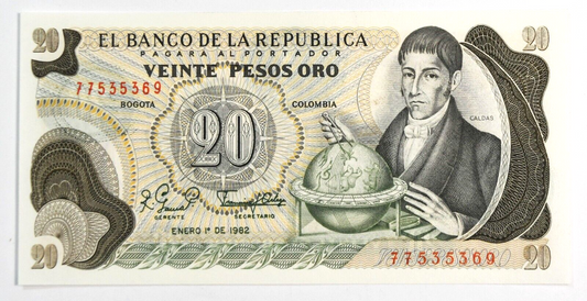 1986 20 Twenty Pesos Colombia Banknote Uncirculated 77535369