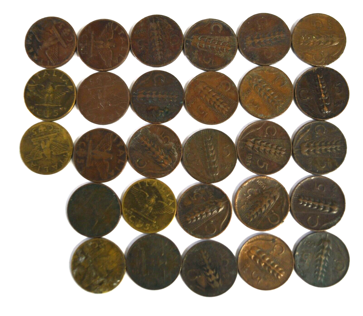 28pc Italy 5 Centesimi Copper Coins Lot 1920-1942