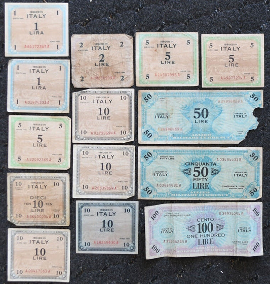 14- 1943 & 43A Italy Allied Military Currency Notes 1 2 5 10 50 100 Lire