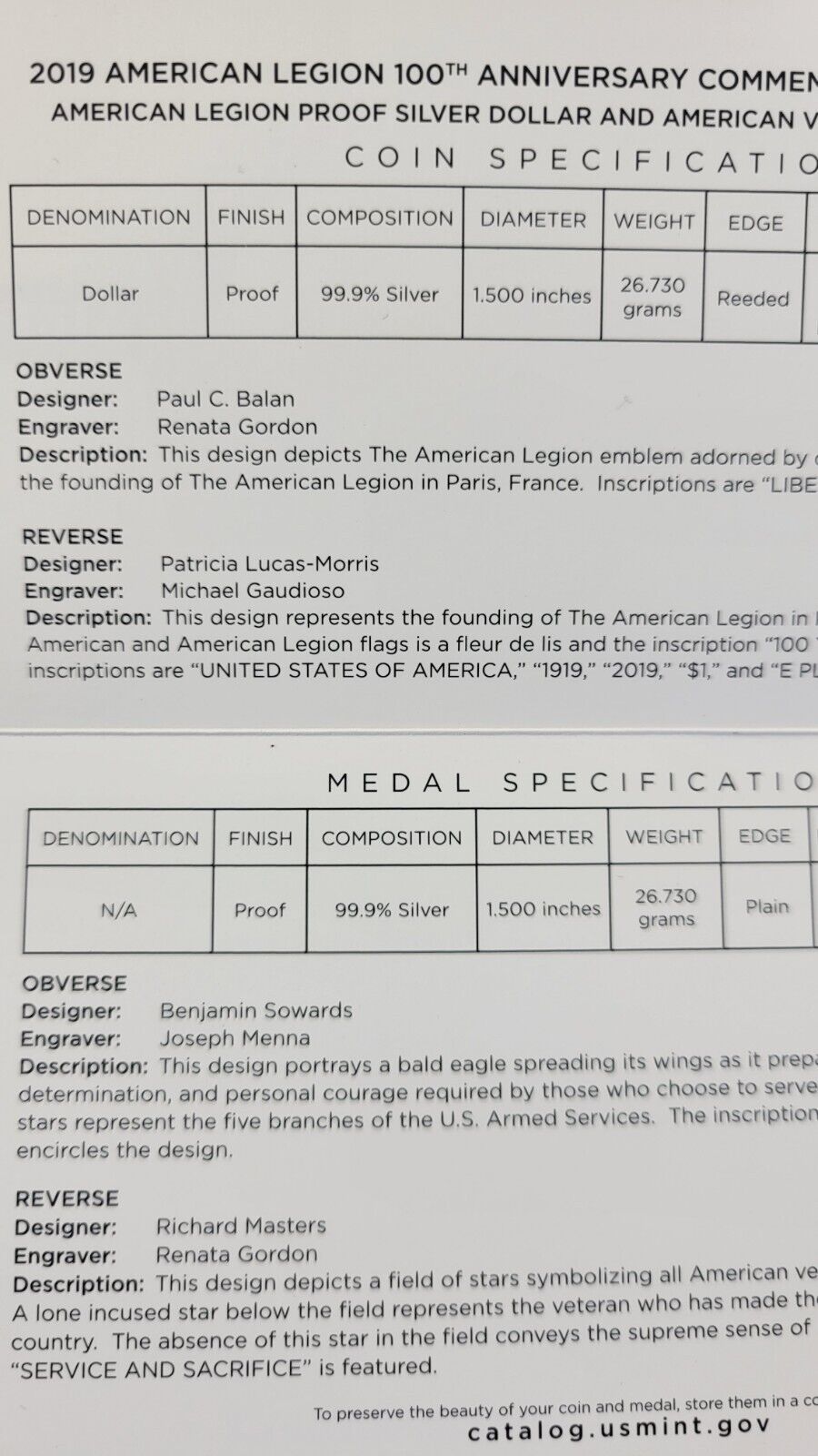 2019 American Legion 100th Anniversary Silver Proof Dollar Medal Set w/COA Boxed