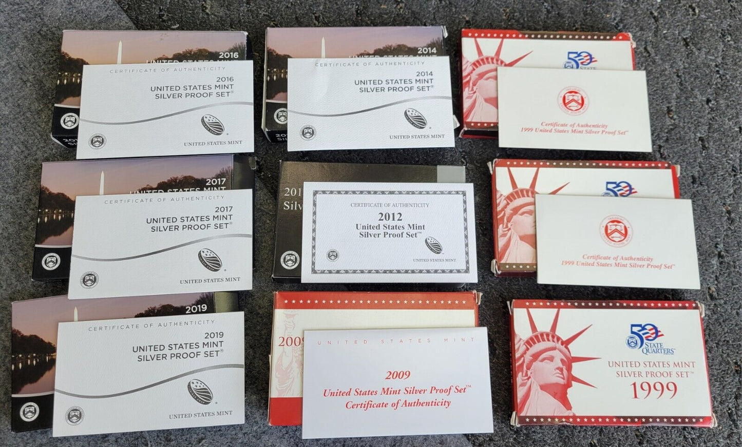 9 Set Lot Of US Mint Silver Proof Sets 1999, 2009, 2016, 2017, 2019, 2012, 2014