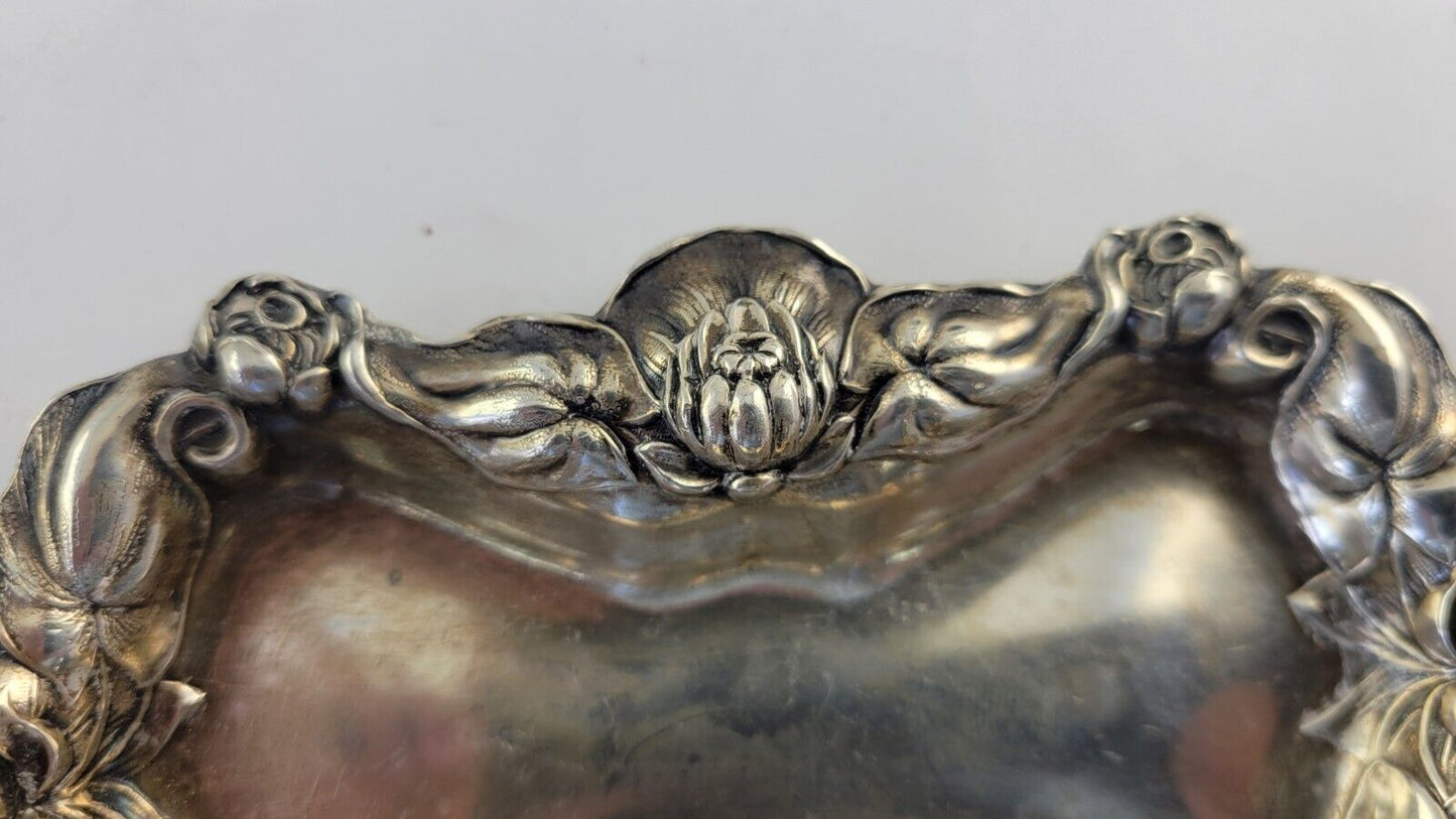 International Sterling Silver 5 1/4"  Repousse Floral Cigarette Ashtray 1.1oz.