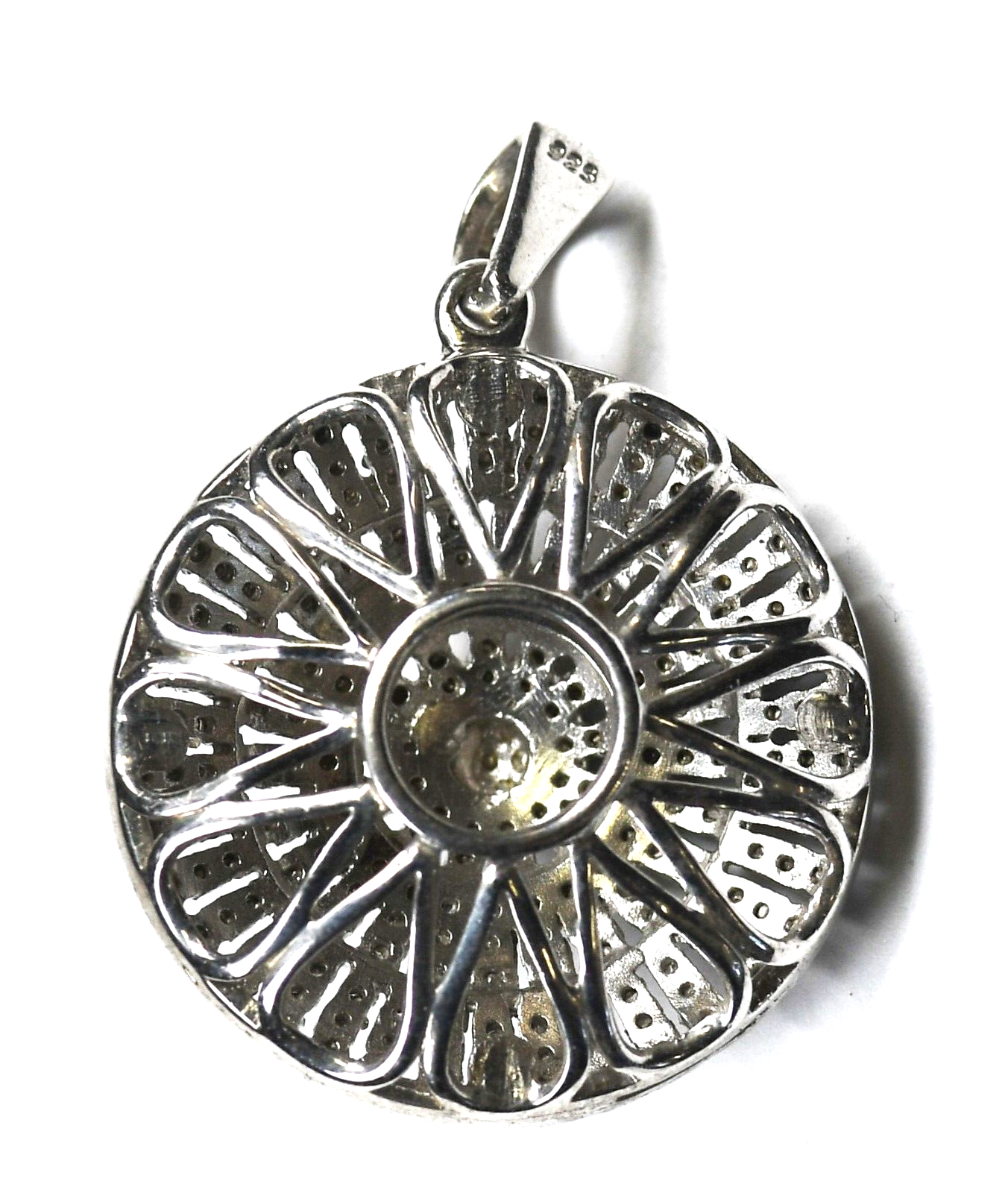 Sterling Silver Round Flying Saucer Diamond Filigree Pendant 39mm x 28mm
