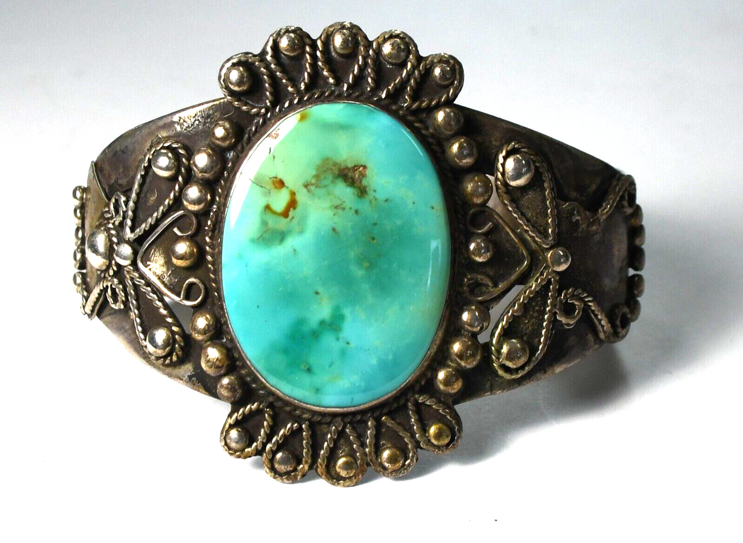 Antique Sterling Oval Turquoise Dot Halo Rays Edge 50mm Bracelet 7" Wrist