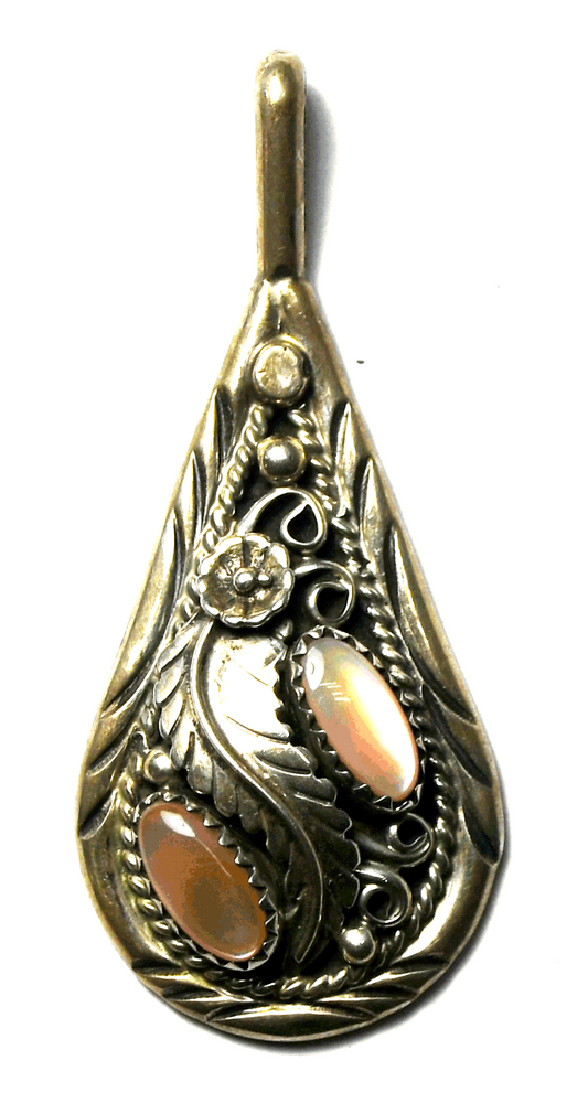 Sterling Silver SC Pink MOP Teardrop Floral Pendant 52mm x 23mm