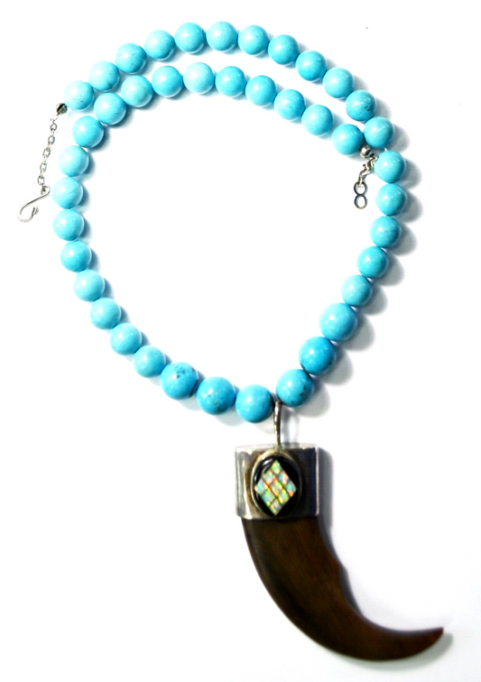 Howlite Silver Plated 7-9mm Round Bead Necklace Sterling Wood Claw Shamrock Mark