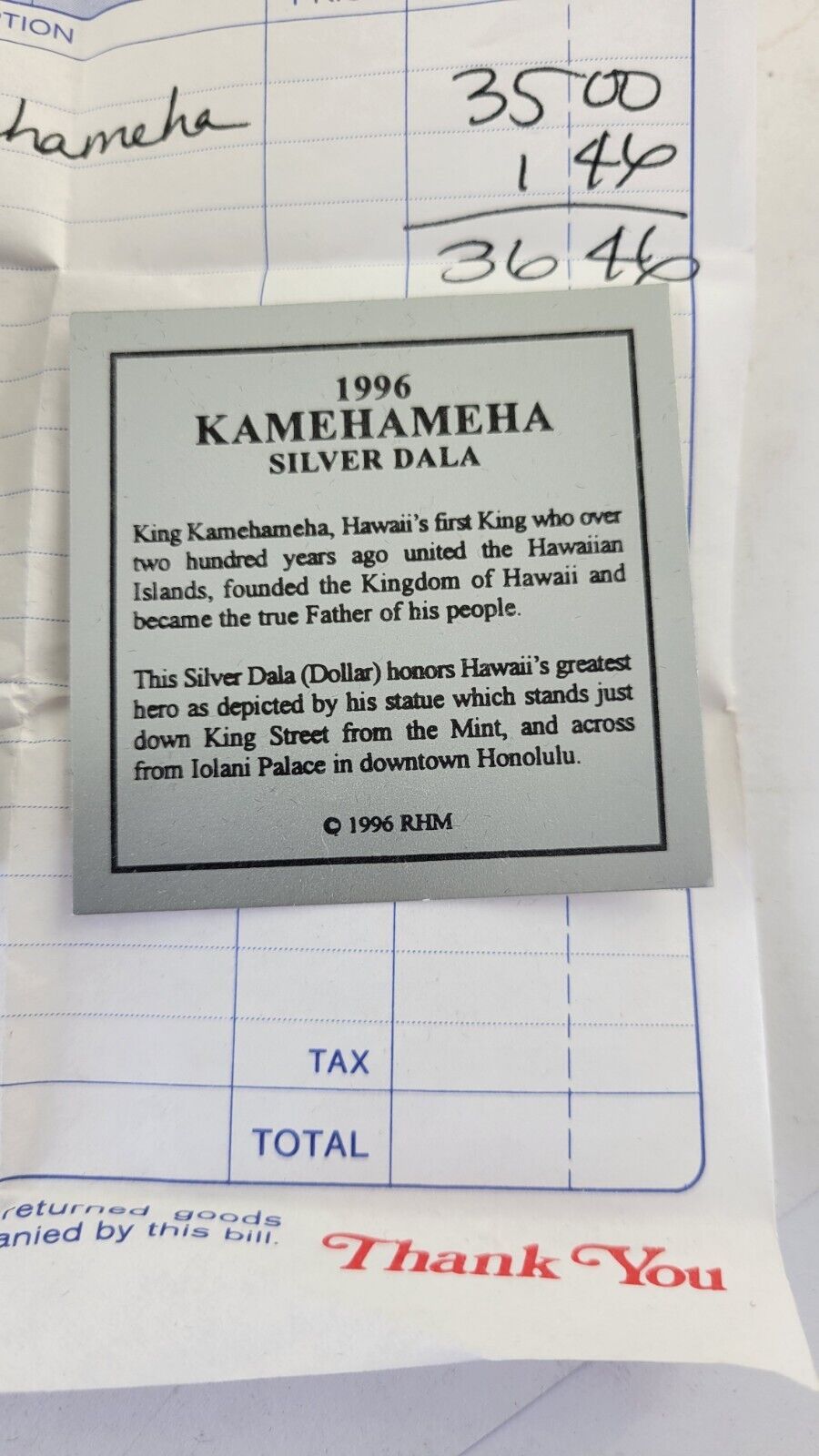 1996 Hawaii King Kamehamha 1 Ounce .999 Fine Silver RHM Dala w/Box & Paperwork