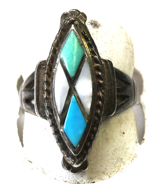 Sterling Silver Vintage MOP Turquoise Inlay Ring 25mm Size 6.5