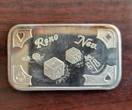 Reno Nevada Vintage Silver Art Bar 1oz. Mother Lode Mint .999 Fine Silver Dice