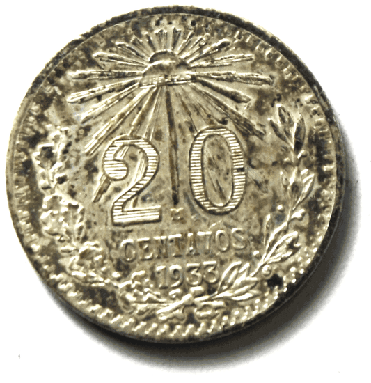 1933 Mexico Estados Unidos Mexicanos 20 Centavo Silver Coin KM# 438