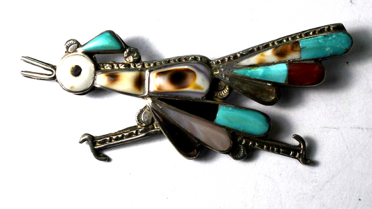 Sterling Silver Roadrunner Inlay Turquoise MOP Coral Brooch Pin 69mm x 22mm