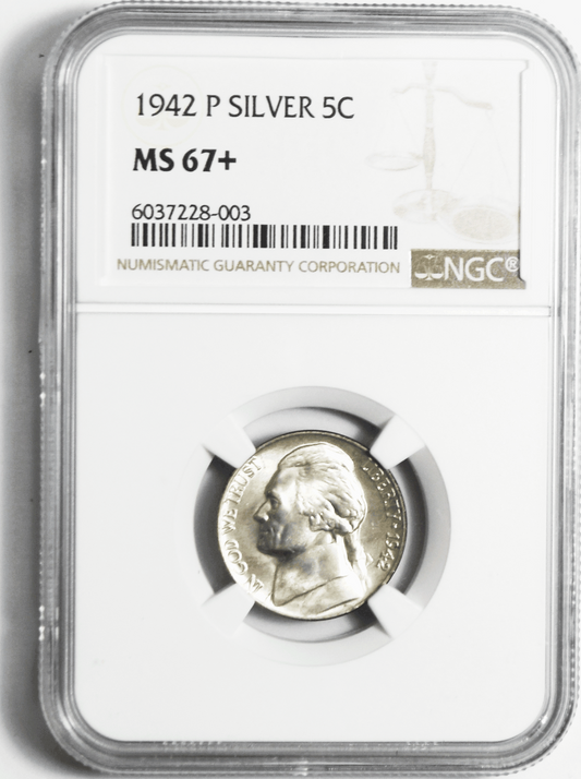 1942 P 5c Jefferson Silver War Time Nickel Five Cents NGC MS67 + Plus