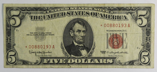 1963 $5 Five Dollars United States Legal Tender Note Red Seal Note *00880193A