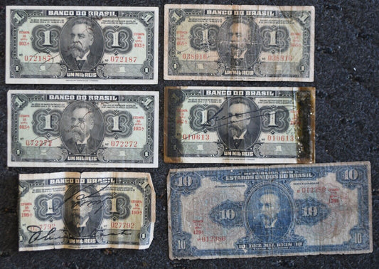 6- Brazil Banknotes 1923 & 1944  1 Mil Reis & 1925 10 Mil Reis