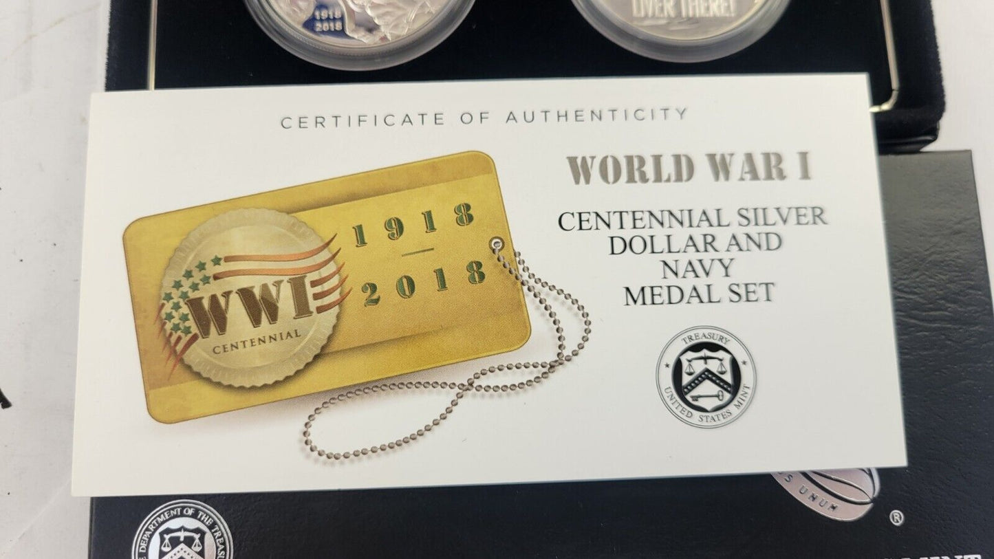 2018 World War I Centennial P Silver Dollar and Navy Medal Proof Set Boxed