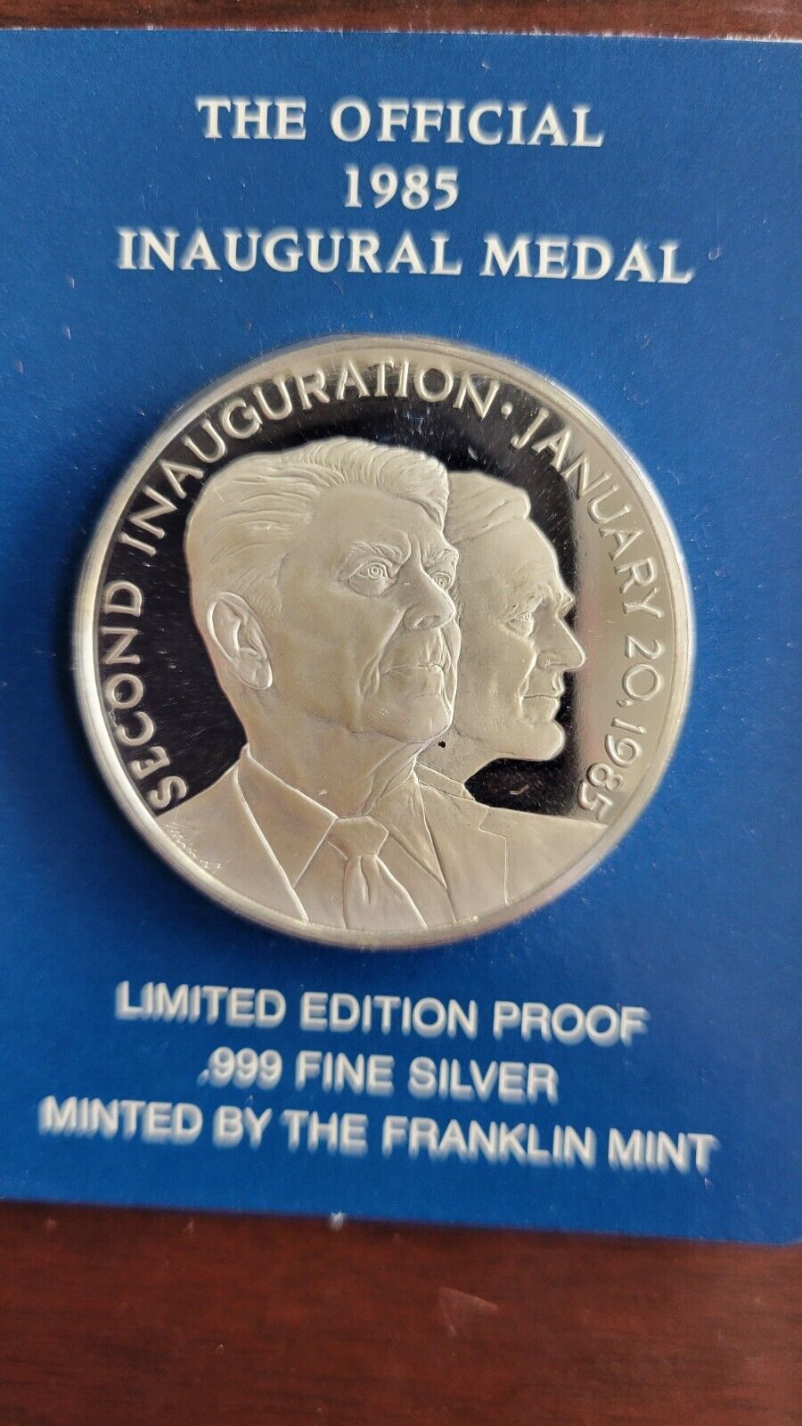 Official 1985 Ronald Reagan Bush Inaugural Medal .999 Fine Silver Limited Proof