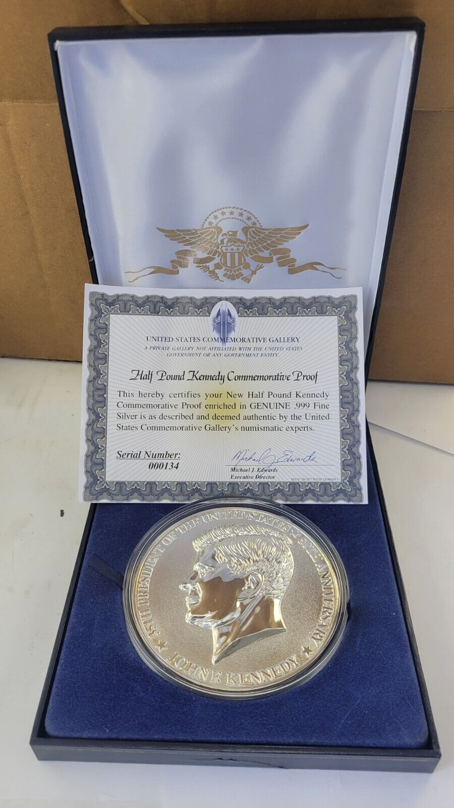 John F Kennedy Half Pound Silver Plated Commemorative w/1964 90% Half Dollar