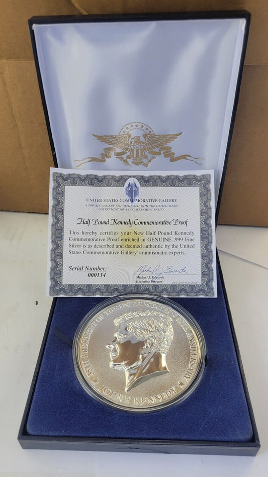 John F Kennedy Half Pound Silver Plated Commemorative w/1964 90% Half Dollar