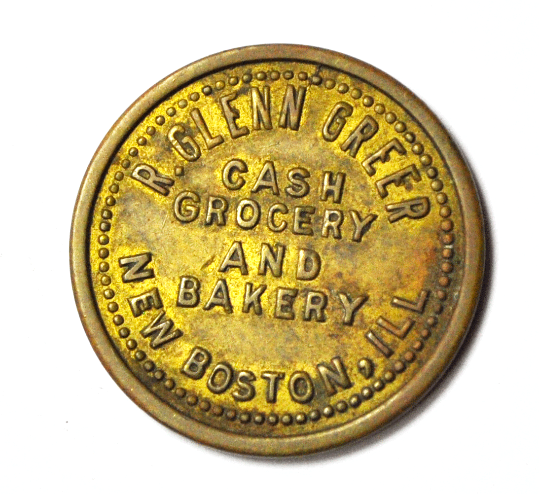 R Glenn Greer Cash Grocery Bakery R Glenn Greer New Boston Ill 5c Trade Token