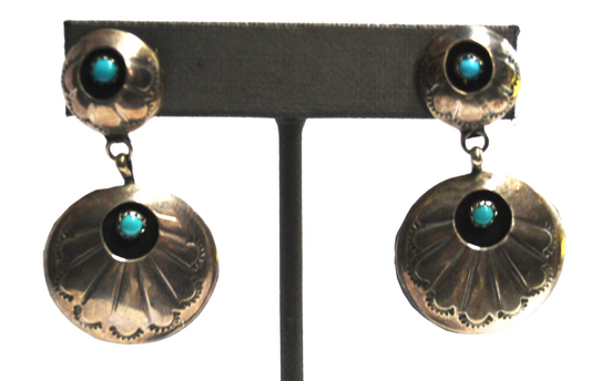 Sterling Silver Signed R Turquoise Round Shadow Box Earrings 44mm x 25mm